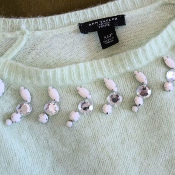 Ann Taylor Rhinestone Beaded‎ Mint Green Sweater - Picture 6 of 9